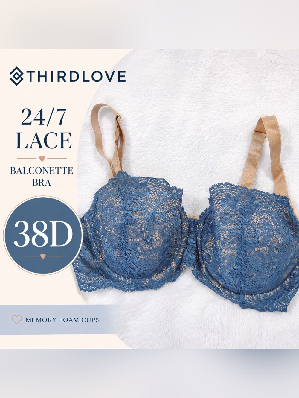 ThirdLove 24/7 Lace Balconette Bra 38D Blue Lace Nude Lined Underwire